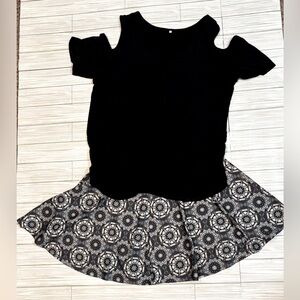 Black Cold Shoulder Top with Patterned Skirt
